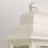 Close-up of the Deco Outdoor Wall Lantern in cream with a domed top, showcasing minimalistic features in a modern design. The plain, light gray background enhances the clean look and elegant finish of this piece.