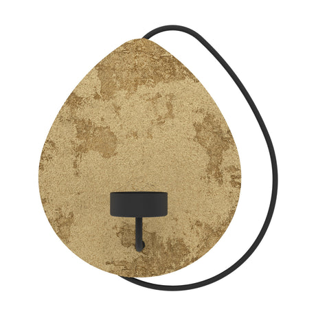 Dehak metal wall candle holder with a teardrop-shaped, mottled gold back plate, a black tealight cup on a short bracket, and a black wire loop outlining one edge, shown on a white background.