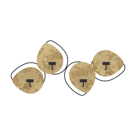 Dehak metal wall candle holder with four pebble-shaped gold plates outlined in black wire, each holding a black tealight cup on a curved bracket, set on a plain white background.