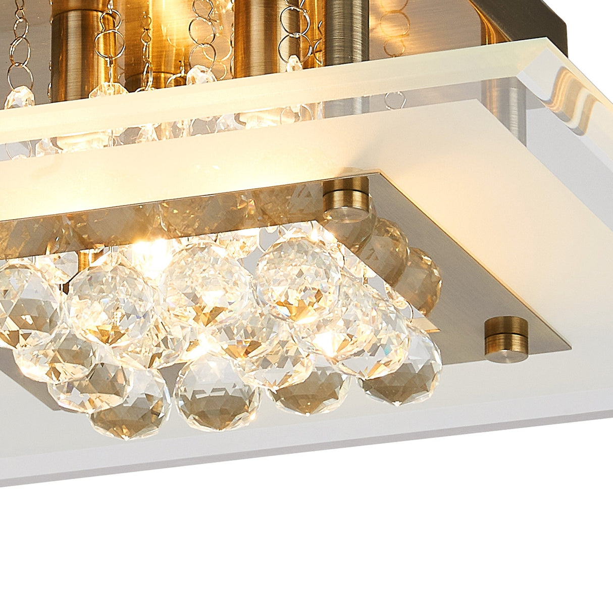Delmar 4 Light Square Glass/Crystal Flush Ceiling Light - Antique Brass