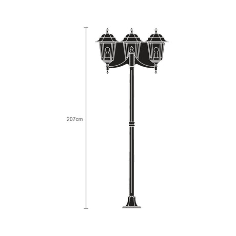 Black cast aluminium 207cm outdoor lamp post with three tiered-roof lanterns, barred glass panes, ribbed flange-plate base, shown on white background with height line.
