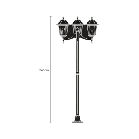 Black cast aluminium 3-light outdoor lamp post, 245cm tall, fluted column, ribbed flange base, three lantern heads with barred glass panes and tiered roofs, line illustration on white background.