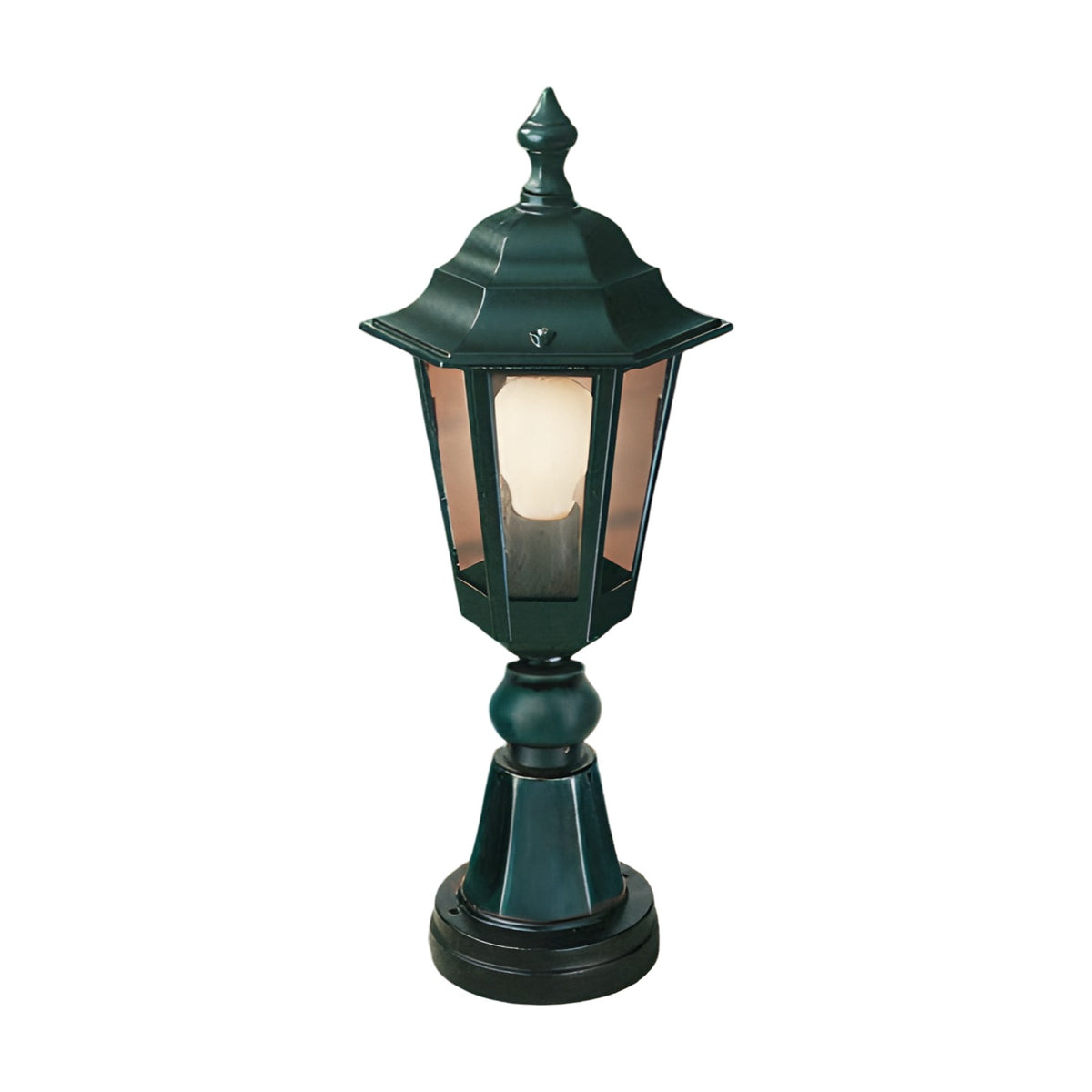 Dentil cast aluminium outdoor bollard light in green, 46cm, with two-tiered lantern roof, glass panes, and pedestal base on a plain white background.
