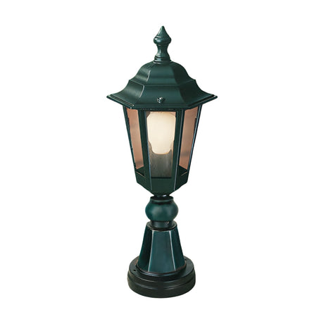 Dentil cast aluminium outdoor bollard light in green, 46cm, with two-tiered lantern roof, glass panes, and pedestal base on a plain white background.