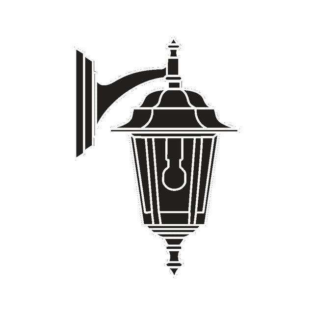 Dentil cast aluminium outdoor hanging wall lantern in black, with two-tiered scalloped roof, six-panel glass sides and wall bracket, shown as a silhouette on a white background.