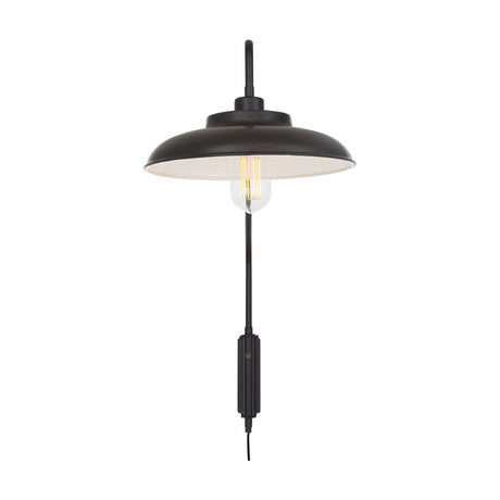 Denver Swan Neck Wall Light in matt black, featuring a curving swan neck arm with a wide, shallow dish shade over an exposed E27 bulb, shown on a plain white background.