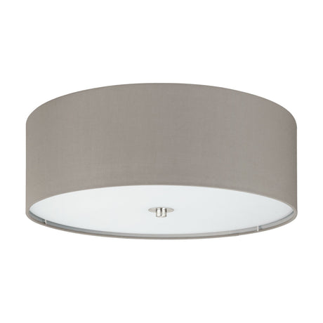 Dernessa 3 Light Ceiling Light with a wide taupe fabric drum shade, satin nickel steel body, and white glass diffuser with a centre cap, shown on a plain white background.