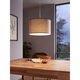 Dernessa Fabric Pendant Light 38cm in taupe-grey woven fabric with a white-lined drum shade and satin nickel rod, shown hanging above a wooden dining table.