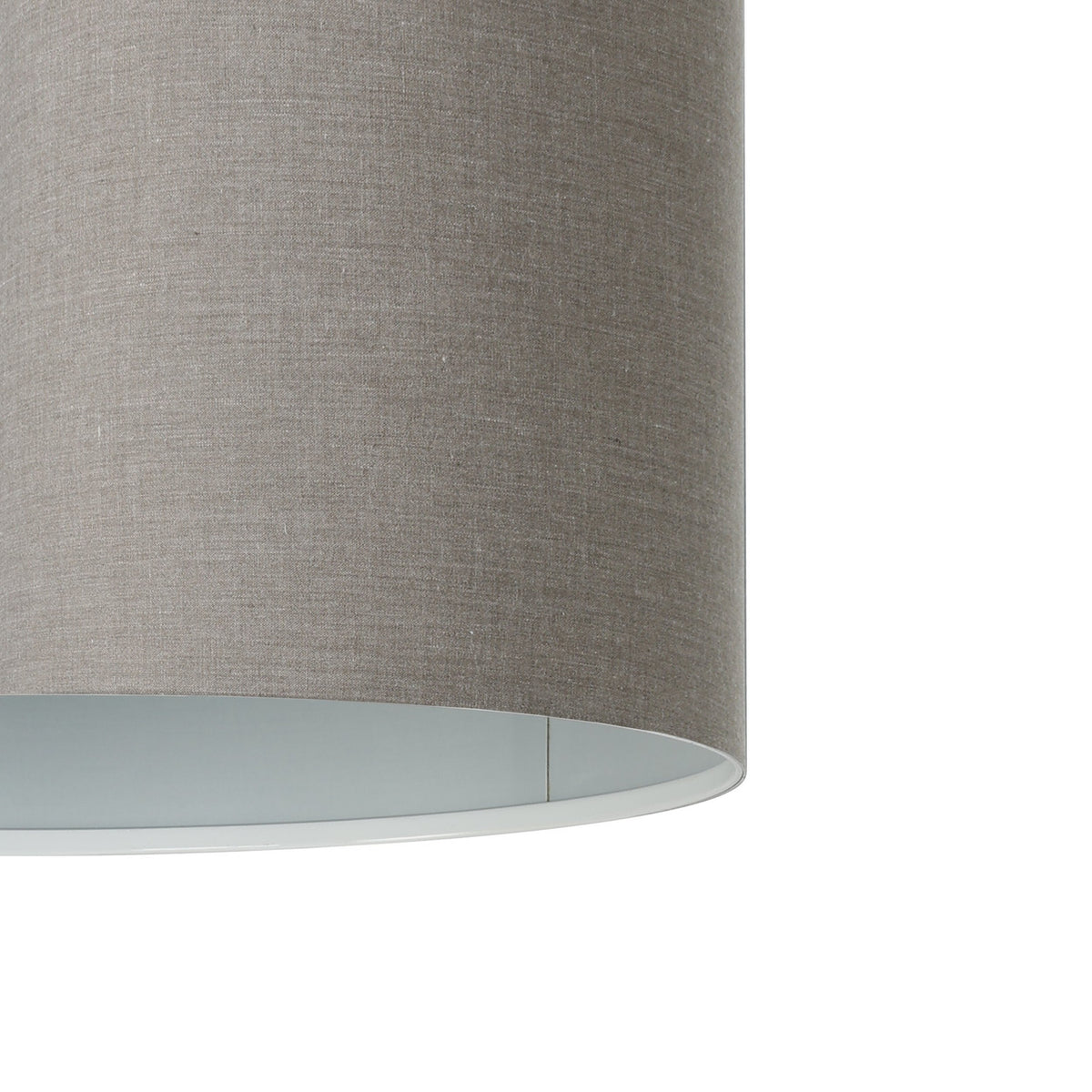 Close-up of the Dernessa Fabric Pendant Light 38cm, showing the grey woven drum shade with white interior lining and open base on a plain background.