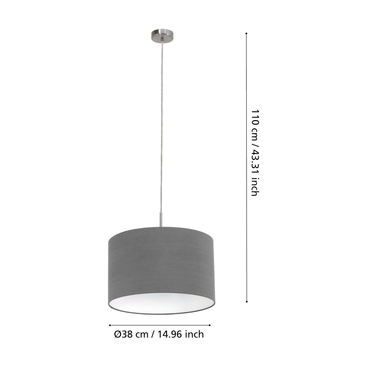 Dernessa fabric pendant light with a 38cm grey drum shade, white interior lining, and satin nickel ceiling rose and rod, shown with height dimensions on a white background.