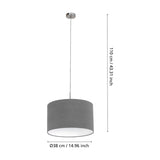Dernessa fabric pendant light with a 38cm grey drum shade, white interior lining, and satin nickel ceiling rose and rod, shown with height dimensions on a white background.