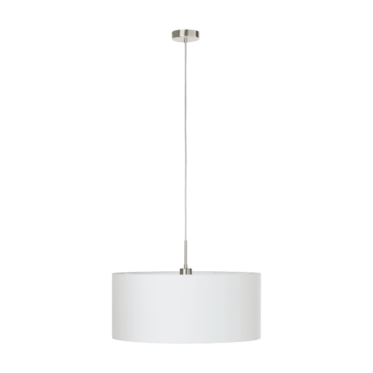 Dernessa fabric pendant light with a white 53cm drum shade, satin nickel ceiling canopy and rod, hung on a slim cord against a plain white background.