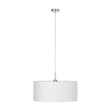Dernessa fabric pendant light with a white 53cm drum shade, satin nickel ceiling canopy and rod, hung on a slim cord against a plain white background.