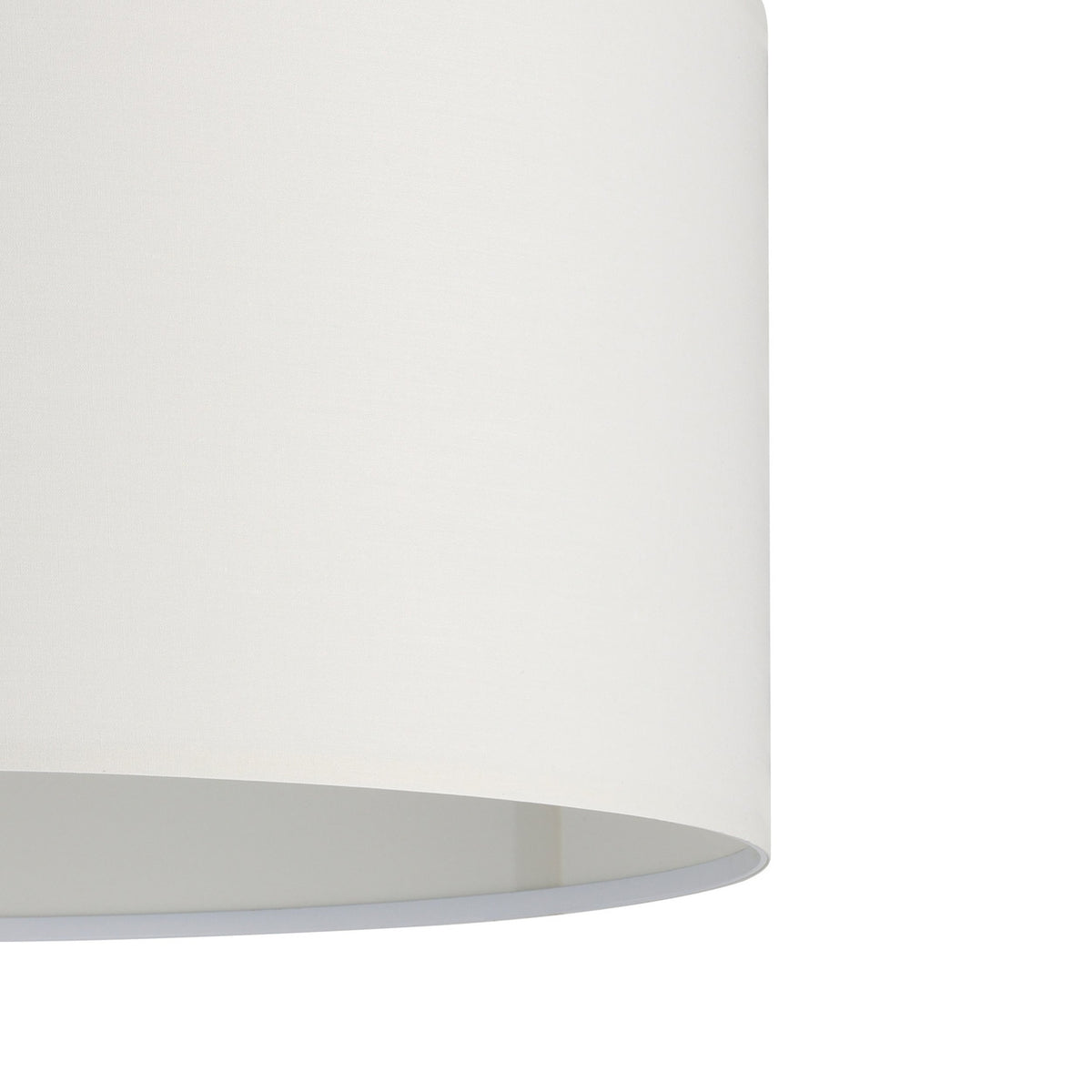 Close-up of the Dernessa Fabric Pendant Light 53cm in white, showing the drum shade's fabric texture and satin nickel rod against a plain background.