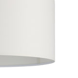 Close-up of the Dernessa Fabric Pendant Light 53cm in white, showing the drum shade's fabric texture and satin nickel rod against a plain background.
