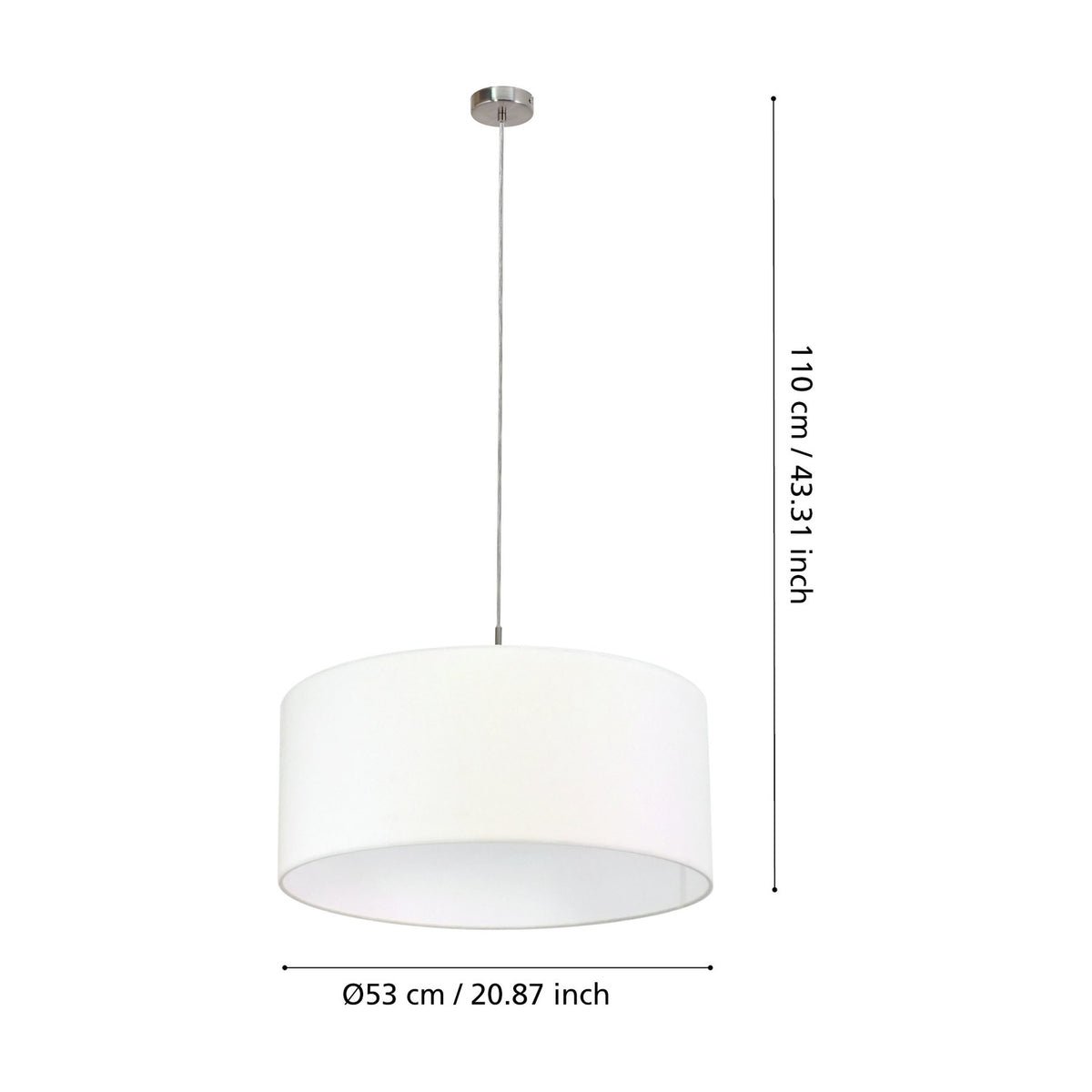 Dernessa fabric pendant light with a white drum shade 53cm wide, satin nickel ceiling canopy and rod, shown with dimension measurements on a white background.
