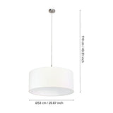 Dernessa fabric pendant light with a white drum shade 53cm wide, satin nickel ceiling canopy and rod, shown with dimension measurements on a white background.