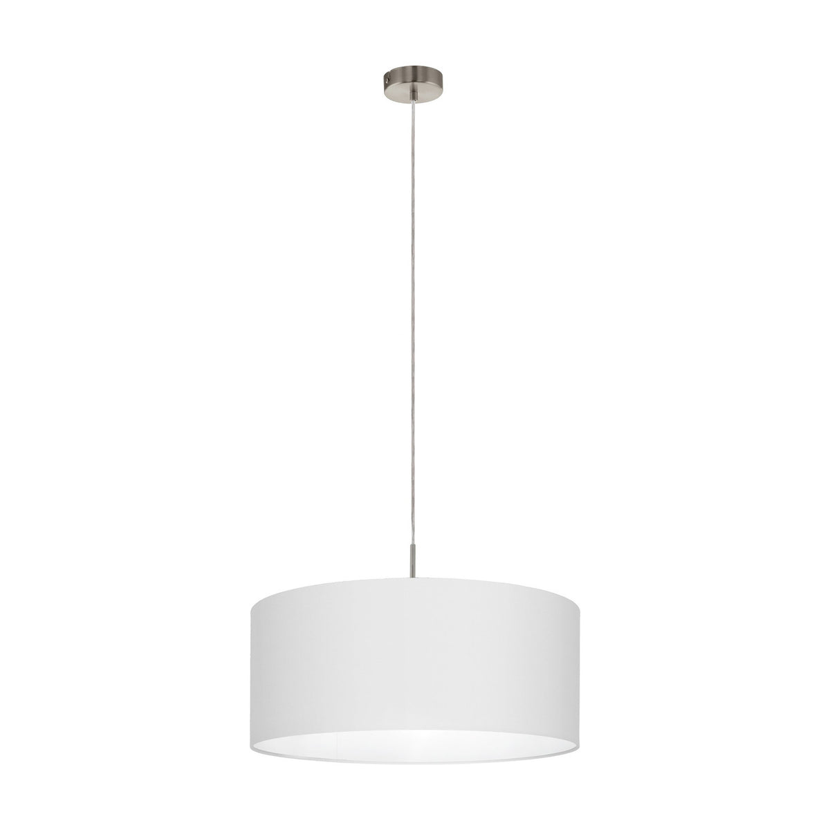 Dernessa Fabric Pendant Light 53cm in white with satin nickel ceiling canopy and rod, suspended on a slim cord against a plain white background.