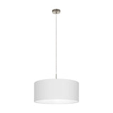 Dernessa Fabric Pendant Light 53cm in white with satin nickel ceiling canopy and rod, suspended on a slim cord against a plain white background.