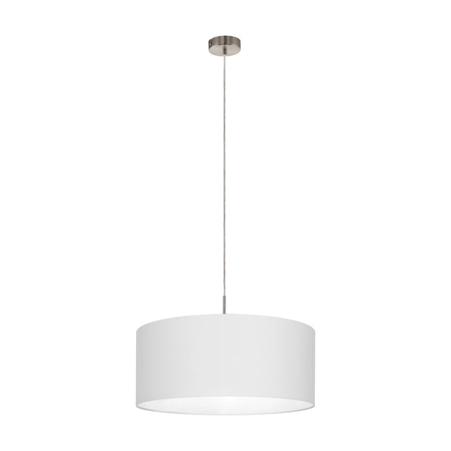 Dernessa Fabric Pendant Light 53cm in white with satin nickel ceiling canopy and rod, suspended on a slim cord against a plain white background.