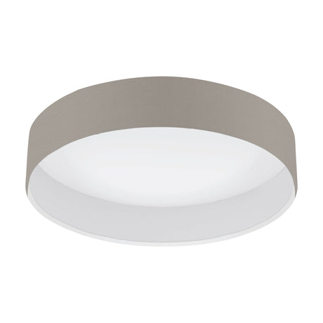 Dernessa LED Flush Ceiling Light in Taupe, a round drum fixture with taupe fabric shade, white diffuser and lining, on a plain white background.