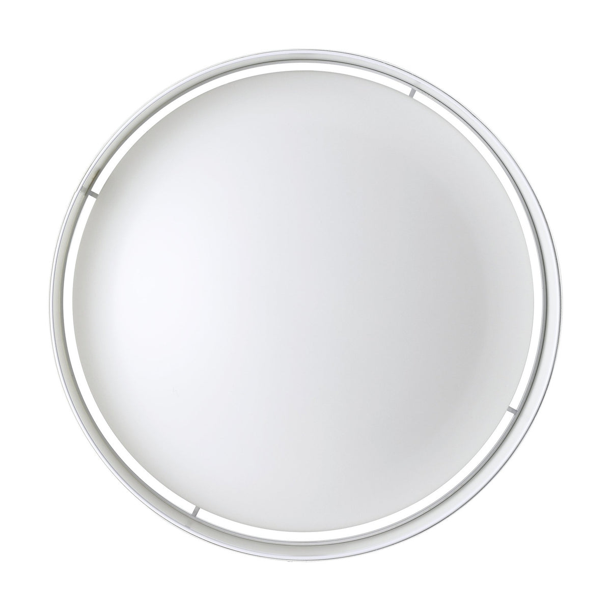 Dernessa LED flush ceiling light, round white fabric drum shade with white diffuser disc and steel body, shown from above on a plain white background.