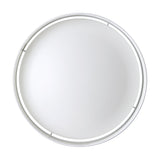Dernessa LED flush ceiling light, round white fabric drum shade with white diffuser disc and steel body, shown from above on a plain white background.