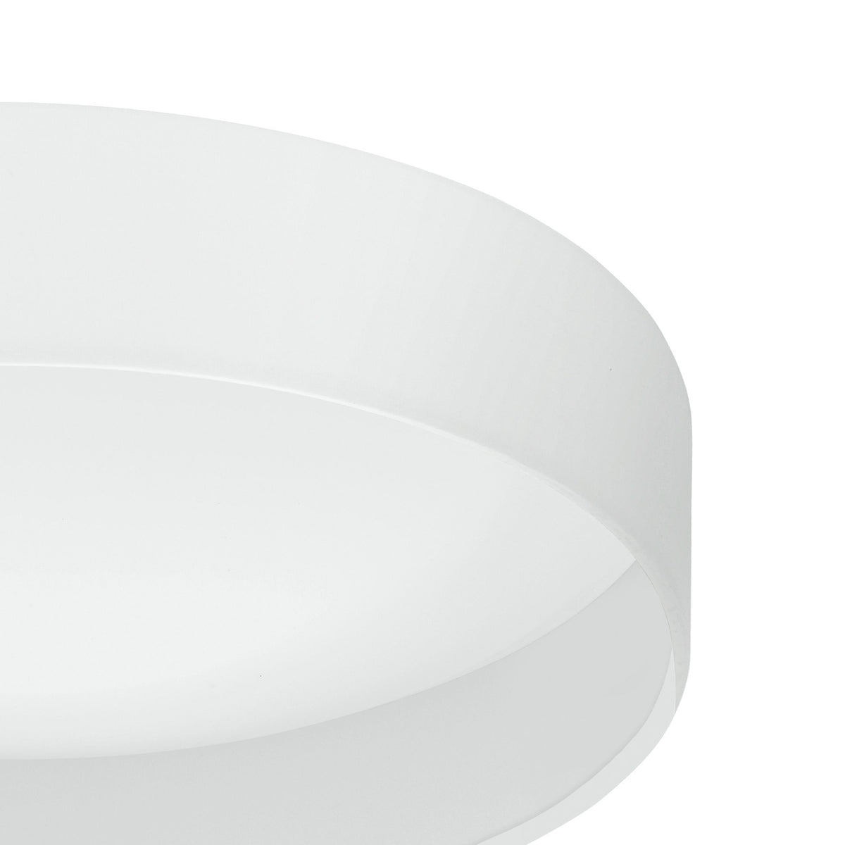 Close-up of the Dernessa LED flush ceiling light showing the round white fabric drum shade edge and diffuser against a plain white background.