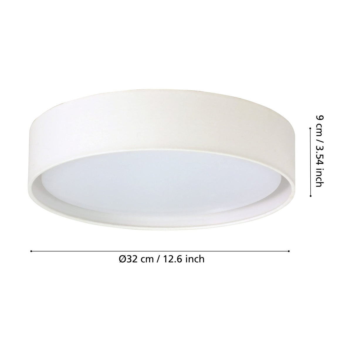 Dernessa LED flush ceiling light with round white fabric drum shade, Ø32cm x 9cm, white diffuser underside, shown with dimensions on a plain white background.