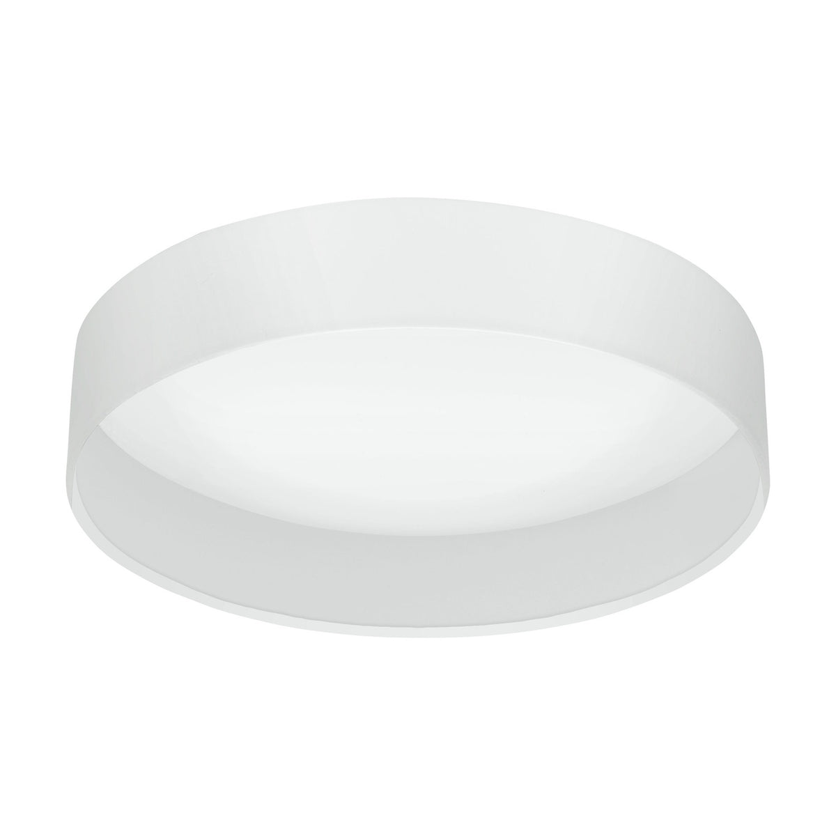 Dernessa LED flush ceiling light with a round white fabric drum shade and white diffuser underside, shown on a plain white background.