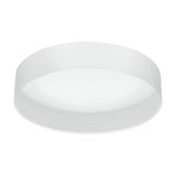 Dernessa LED flush ceiling light with a round white fabric drum shade and white diffuser underside, shown on a plain white background.