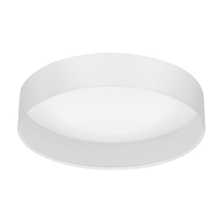 Dernessa LED flush ceiling light with a round white fabric drum shade and white diffuser underside, shown on a plain white background.