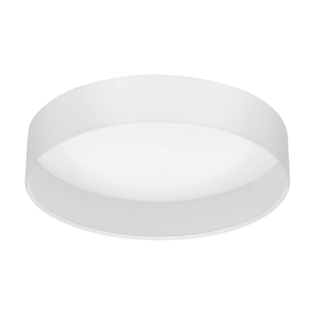 Dernessa LED flush ceiling light with a round white fabric drum shade and white diffuser underside, shown on a plain white background.