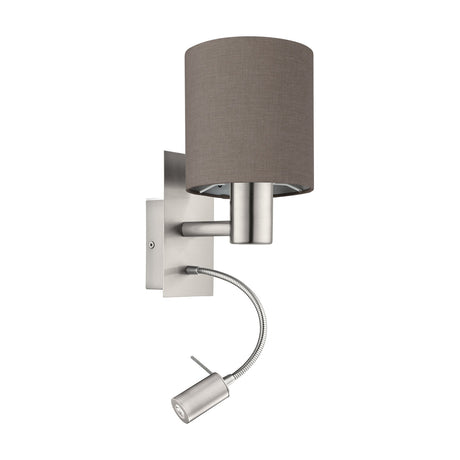 Dernessa LED Wall Light with satin nickel rectangular back plate and arm, cylindrical anthracite-brown fabric shade, and flexible LED reading arm, shown on a plain white background.