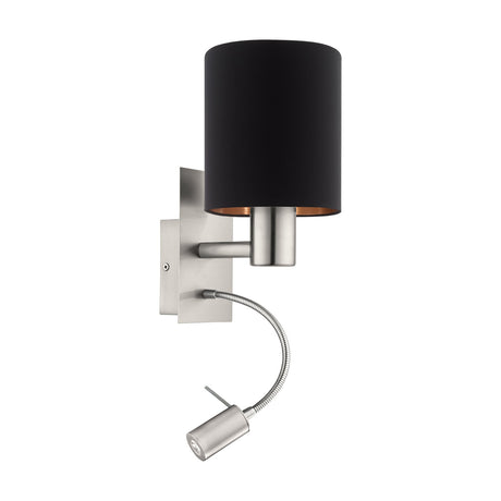 Dernessa LED Wall Light with black fabric drum shade and copper lining on a satin nickel steel body, featuring a flexible LED reading arm below, shown on a plain white background.