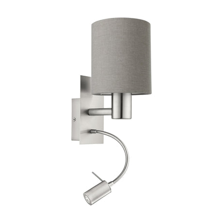 Dernessa LED Wall Light 15cm in satin nickel steel with a cylindrical grey fabric drum shade and a flexible-arm LED reading light below, shown on a plain white background.