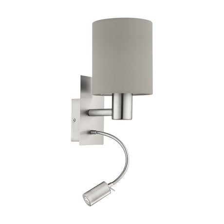 Dernessa LED Wall Light with a cylindrical taupe fabric shade on a satin nickel steel body, featuring a flexible LED reading arm below, shown on a plain white background.