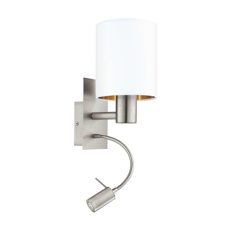 Dernessa LED Wall Light in satin nickel with a white fabric drum shade, copper-lined rim, and a flexible LED reading arm below, shown on a plain white background.