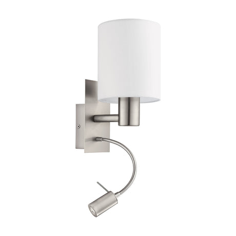 Dernessa LED Wall Light with a white cylindrical fabric shade on a satin nickel steel body, featuring a flexible LED reading arm below, shown on a plain white background.