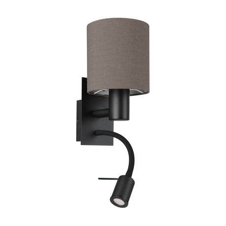 Dernessa LED Wall Light in black steel with an anthracite-brown fabric drum shade and a slim flexible arm ending in a small LED reading spot, shown on a plain white background.