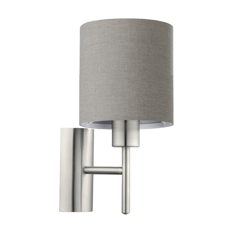 Dernessa Wall Light 14.5cm in satin nickel steel with a cylindrical grey fabric shade, T-shaped arm and upright backplate, shown on a plain white background.