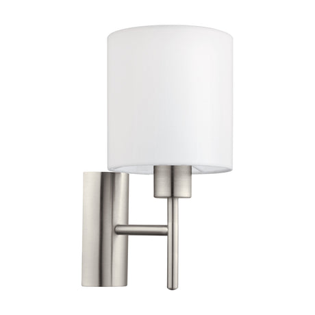 Dernessa Wall Light 14.5cm in satin nickel steel with a white fabric drum shade, featuring a T-shaped arm and cylindrical wall mount, shown on a plain white background.