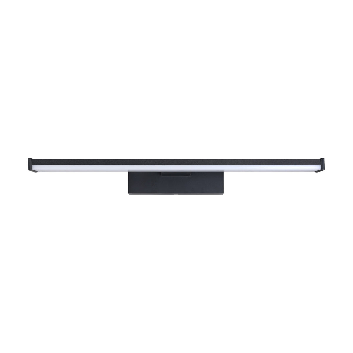 Dervette LED bathroom wall light in black, a slim 40cm aluminium bar with a white plastic diffuser mounted on a rectangular wall box, shown on a plain white background.