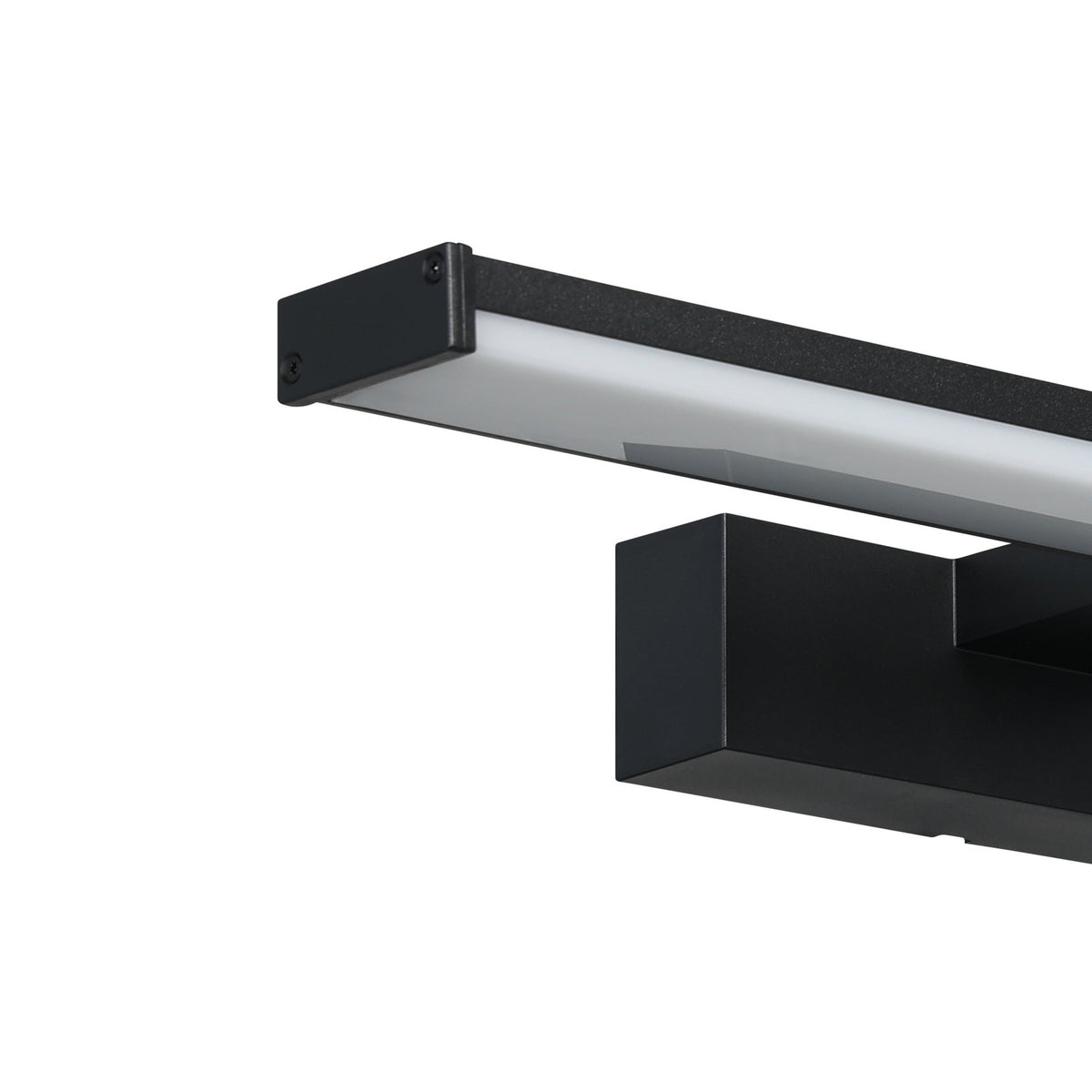 Close-up of the Dervette LED Bathroom Wall Light 40cm in black, showing the slim aluminium bar with white diffuser and rectangular wall-mount box, on a plain white background.