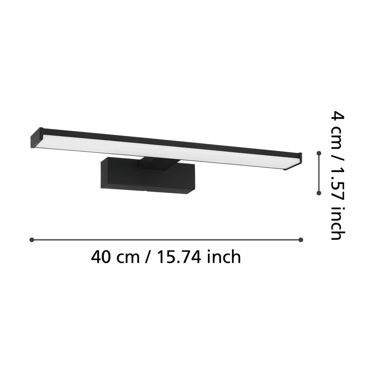 Dervette LED bathroom wall light in black, a slim 40cm bar with white diffuser mounted on a rectangular wall box, shown with size dimensions on a white background.