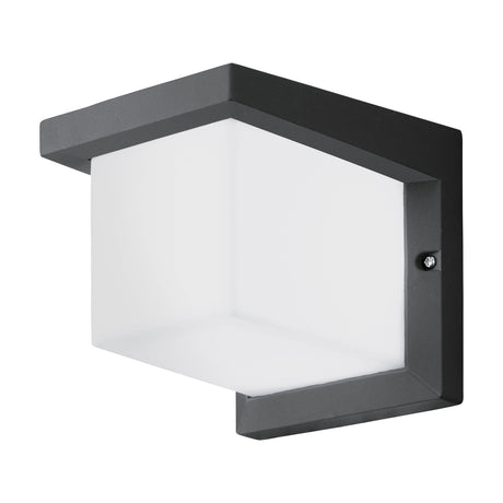 Desella 1 LED Outdoor Wall Light in anthracite, featuring a cube-shaped white plastic diffuser beneath an angular aluminium canopy, shown on a plain white background.