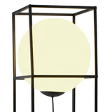 The Desigual Large 1 Light Floor Lamp in Matt Black features a glowing spherical shade within a black cube metal frame, showcasing contemporary minimalism. Its exposed cord adds to its modern, ambient style.