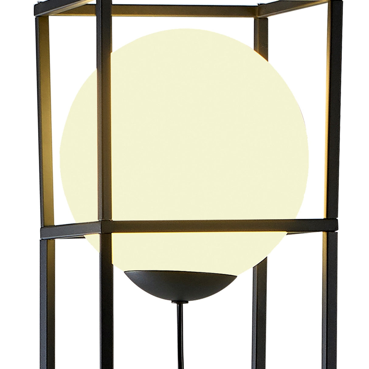 The Desigual Small 1 Light Floor Lamp in matt black features a glowing spherical bulb and a sleek minimalist frame, ideal for fans of geometric lighting.