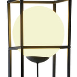 The Desigual Small 1 Light Floor Lamp in matt black features a glowing spherical bulb and a sleek minimalist frame, ideal for fans of geometric lighting.