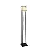 The Desigual Small 1 Light Floor Lamp features a matt black metal frame and square base with a white spherical shade suspended in its open geometric design, complemented by a black hanging cord.